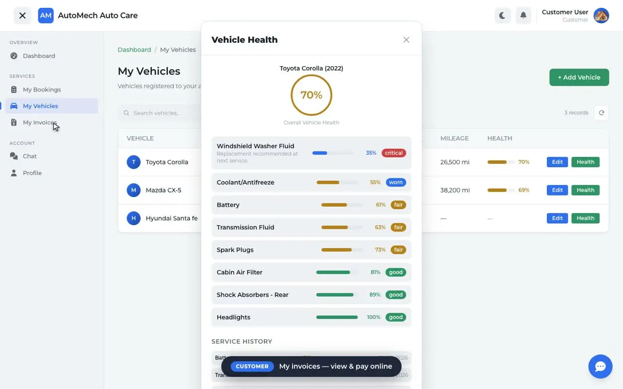 Customer portal: vehicle health check with service history per VIN.